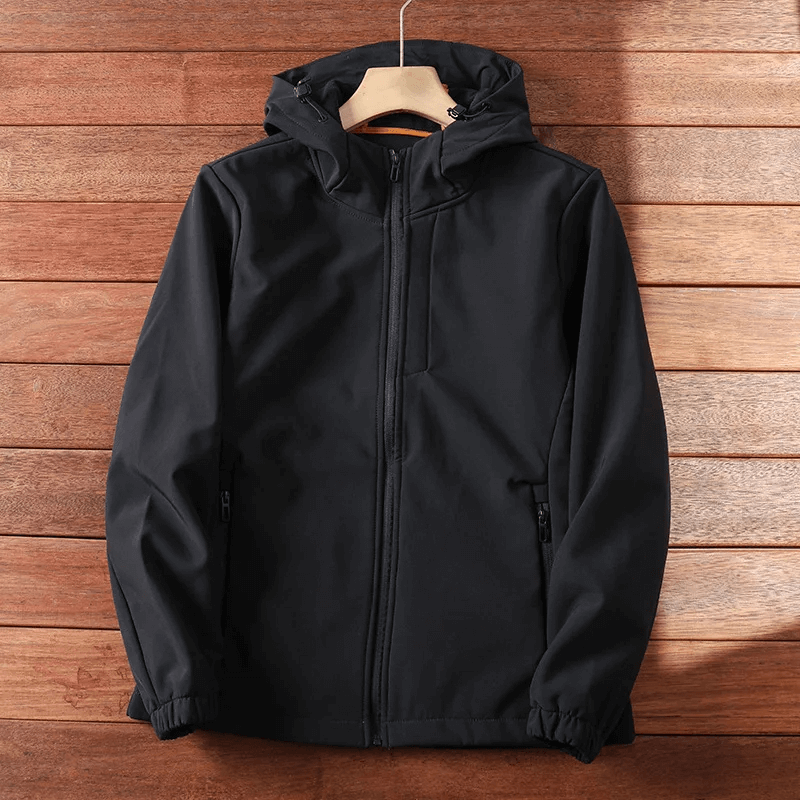 Durable waterproof black men's hiking jacket with hood, ideal for camping. SF2207 outdoor wear for adventurers seeking protection.